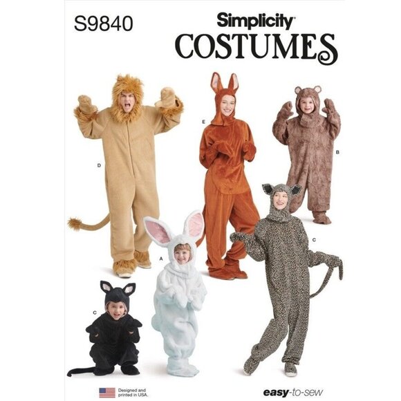 Simplicity Pattern 9840 Kids Adult Costume Bunny Bear Lion Cat Kangaroo New - Picture 1 of 8